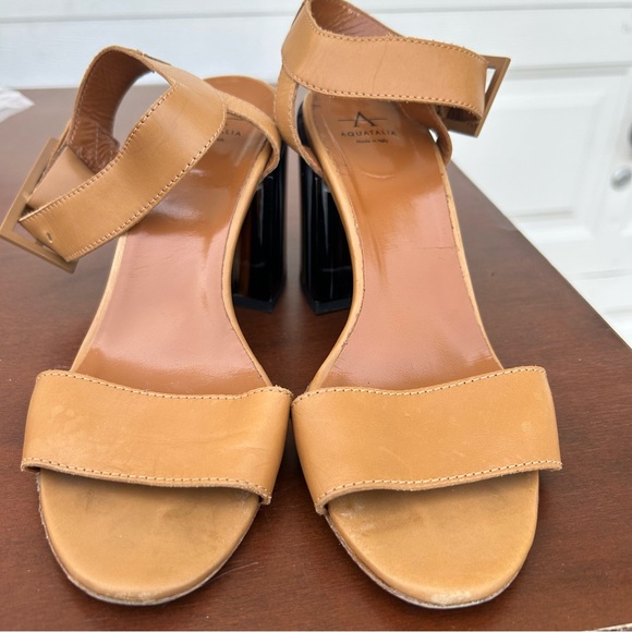 Aquatalia Tan Open Toe Ankle Strap Block Heel‎ Leather Casual Sandals Size 8 - Picture 1 of 16